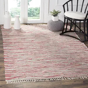 SAFAVIEH Rag Rug Collection Area Rug - 4' Square, Red & Multi, Handmade Boho Stripe Cotton, Ideal for High Traffic Areas in Living Room, Bedroom (RAR129R)