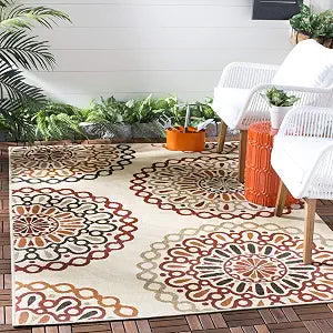 SAFAVIEH Veranda Collection 4' x 5'7" Cream/Red VER092 Boho Floral Indoor/Outdoor Non-Shedding Easy-Cleaning Patio Backyard Porch Deck Mudroom Accent-Rug