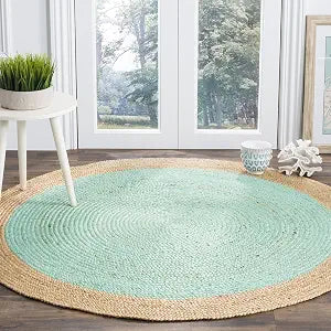 SAFAVIEH Area Rug 4' Round - Natural Fiber Collection - Aqua Blue & Natural Brown, Handmade Jute, Braided Border Design (NF801A)