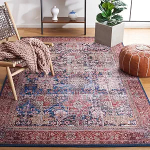 SAFAVIEH Washable Rug Tucson Collection - 3' x 5', Navy & Rust, Slip Resistant & Easy to Clean, Ideal for Foyer, Entryway, Kitchen, Bedroom (TSN124N)