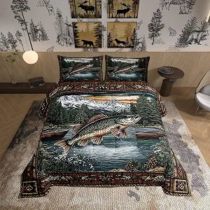 Castle Fairy Fishing and Hunting Comforter Set King Size,Pike Fish Bass Big Fish Down Alternative Adults Bedroom Decor,Lake House Ultra Soft Microfiber Inner Fill 3 Pcs Bedding