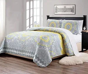 Mk Collection 3pc King/California King Bedspread Quilt Over Size 118" X 95" Yellow Coastal Plain Grey Green White Elegant Design # Oslo Yellow
