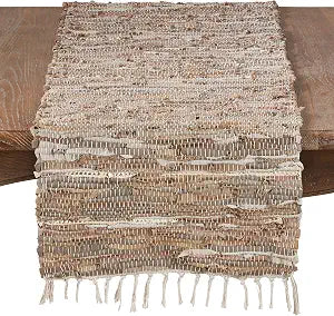 SARO LIFESTYLE Leather Chindi Table Runner, Natural, 16" x 72"