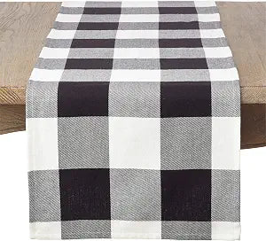 SARO LIFESTYLE 9025.BK16108B Birmingham Collection Buffalo Plaid Design Cotton Table Runner, 16" x 108", Black