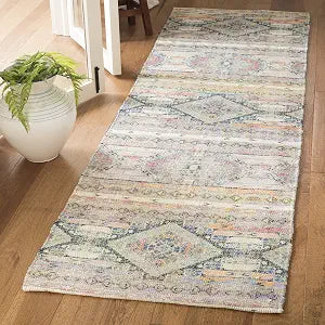 SAFAVIEH Saffron Collection Accent Rug - 2'3" x 3'9", Cream & Blue, Handmade Boho Chic Distressed Cotton, Ideal for High Traffic Areas in Entryway, Living Room, Bedroom (SFN567A)