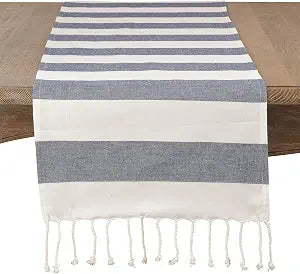 SARO LIFESTYLE Cabana Collection Cotton Stripes Tasseled Runner/2616.NB1672B, 16" x 72", Navy Blue