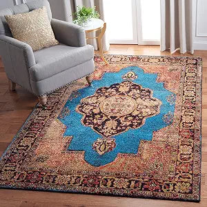 SAFAVIEH Vintage Hamadan Collection Area Rug - 3' Square, Gold & Light Blue, Traditional Oriental Design, Non-Shedding & Easy Care, Ideal for High Traffic Areas in Living Room, Bedroom (VTH219D)