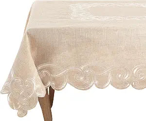 SARO LIFESTYLE Embroidered Scallop Design Linen Blend Tablecloth, 67" x 67", Natural