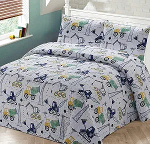 2pc Twin Bedspread Coverlet Quilt Set Kids/Teens Boys Construction Crane Trucks Cement Truck White Blue Green Black Grey New