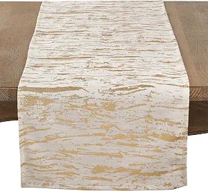 SARO LIFESTYLE Loretta Collection Distressed Foil Metallic Design Cotton Table Runner, 16" x 90", Gold