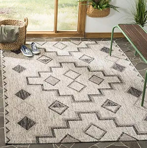 SAFAVIEH Washable Rug Outdoor Courtyard Collection - 5'3" Square, Grey & Black, Non-Shedding & Easy Cleaning, Ideal for Patio, Backyard, Mudroom (CY8533-37612)