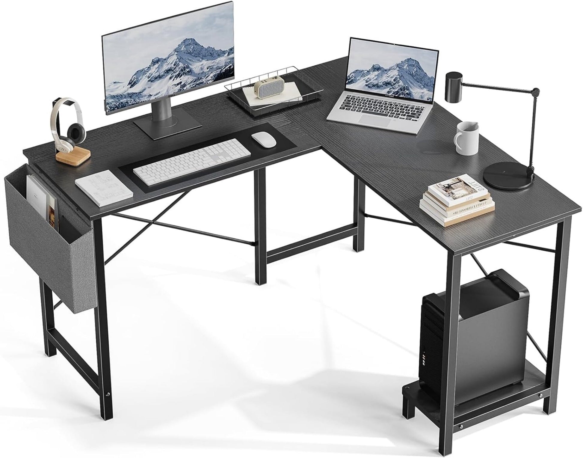 AENKYO 50" Reversible L-Shaped Computer Desk with Storage Bag & CPU Stand, Corner Desk for Home Office or Gaming, Black