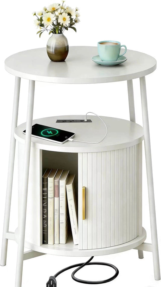 AISWORD Nightstand with Charging Station, Modern Round Bedside Table with Sliding Door Storage, White
