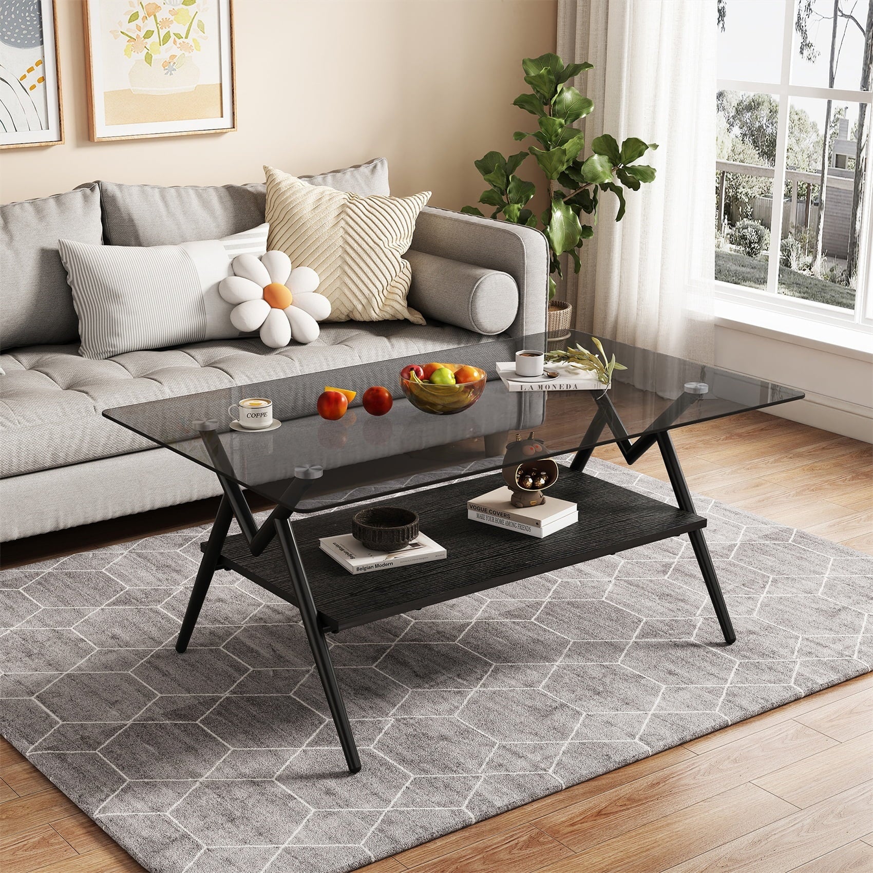Alvantor Glass Coffee Table, 38.6" Modern Coffee Table with Tempered Glass Top and Metal Legs for Living Room Black