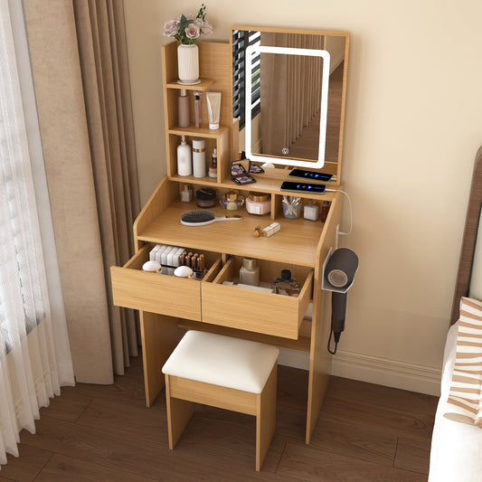 Alvantor Vanity Desk Set: Makeup Table with Mirror & Lights, Built-in Power Outlet & Hairdryer Holder