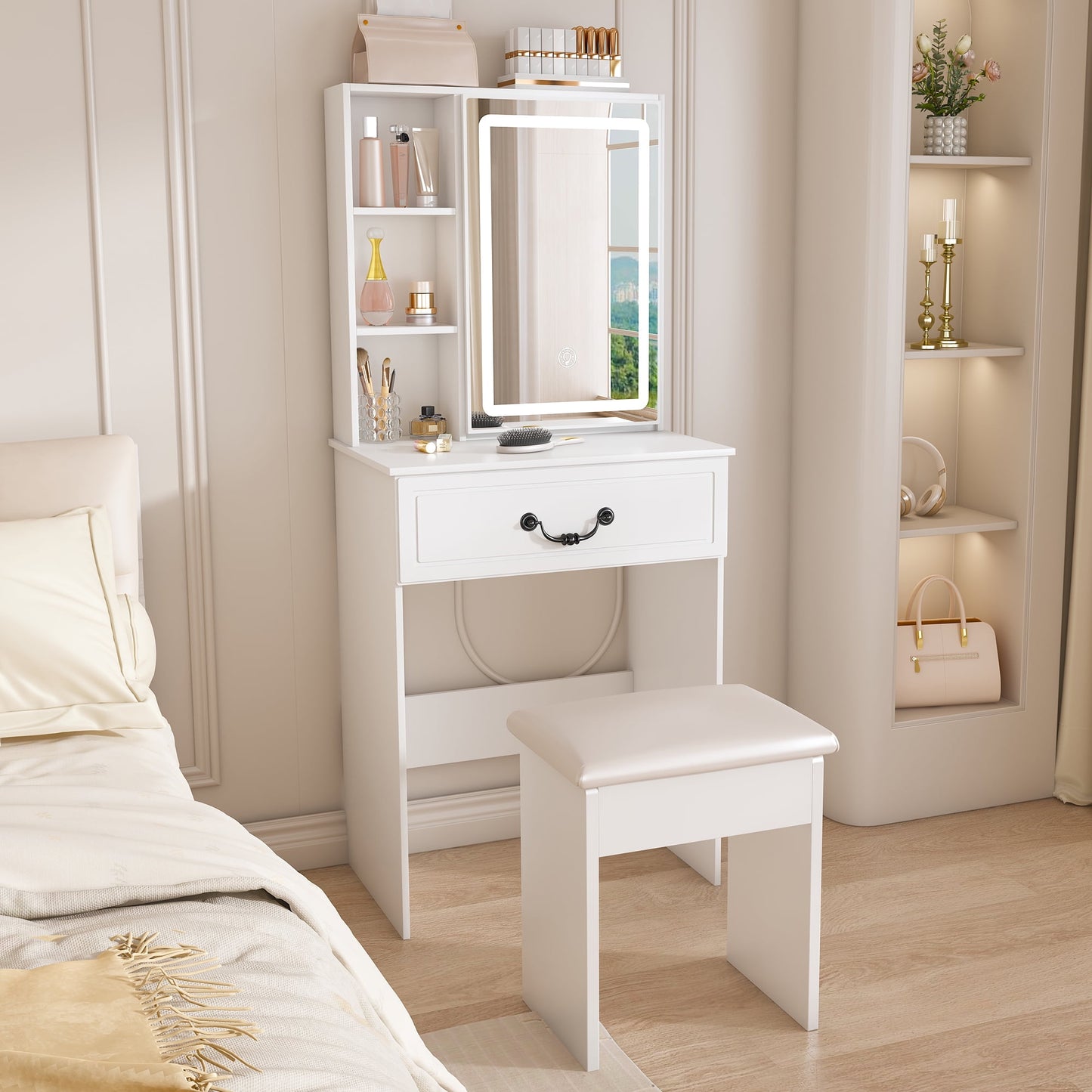 Alvantor Makeup Vanity Desk Set with Mirror & Lights, Compact White Dressing Table for Small Bedrooms