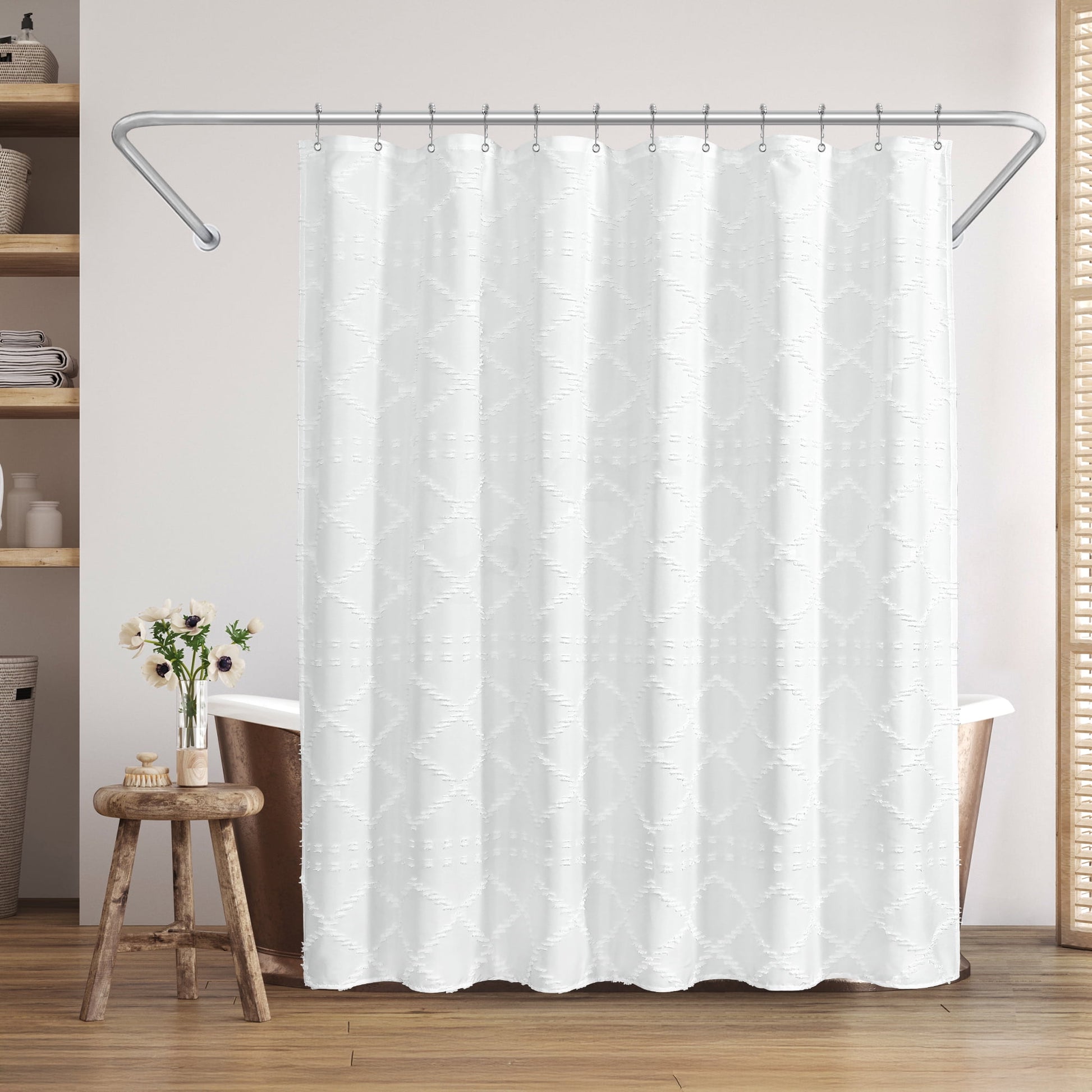 Americanflat 71x71 White Woven Shower Curtain with Tassel And Abstract Accents - Includes 12 Grommets and Hooks - 100% Polyester