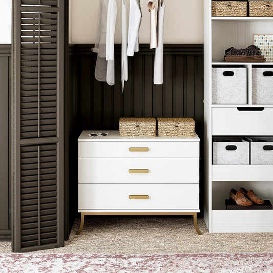 Ameriwood Home Clementine Small 3-Drawer Dresser with Oval Handles, White & Gold