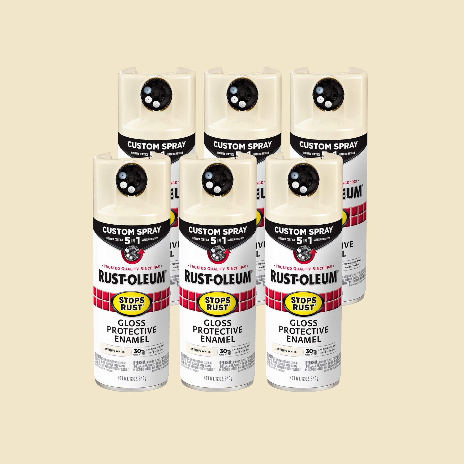 Paquete de 6, Blanco Antiguo, Rust-Oleum Detiene el Ã“xido Aerosol Personalizado 5 en 1 Pintura en Aerosol Brillante-376887, 12 oz