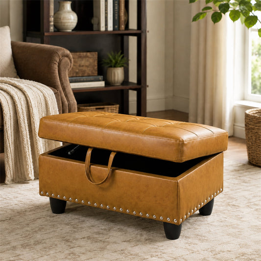 Aukfa 29" Storage Ottoman Bench for Sectional Sofa for Home Office, Nailhead Trim&Lift Top, Leather, Ginger