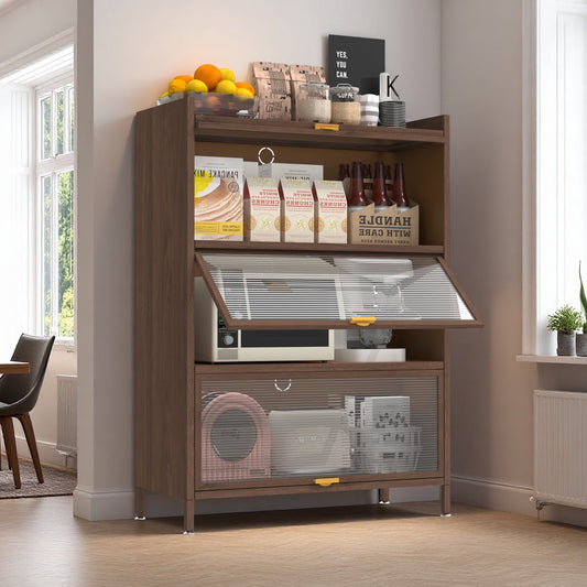Aukfa 44" Tall Metal Storage Cabinet, 3 Flip Doors Freestanding Pantry Cabinet for Dining Study Kitchen Living Room,Walnut