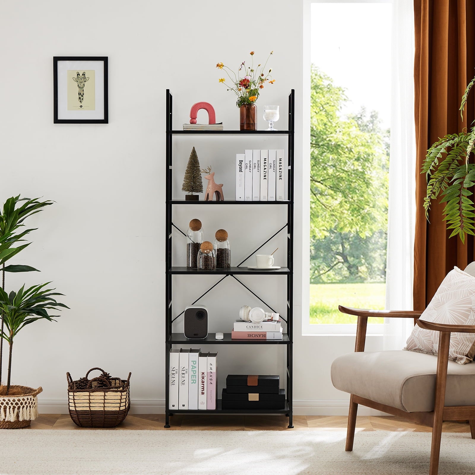 Aukfa 5 Tier Bookcase, Tall Bookshelf Storage Organizer for Home Office, Wood & Metal, Black