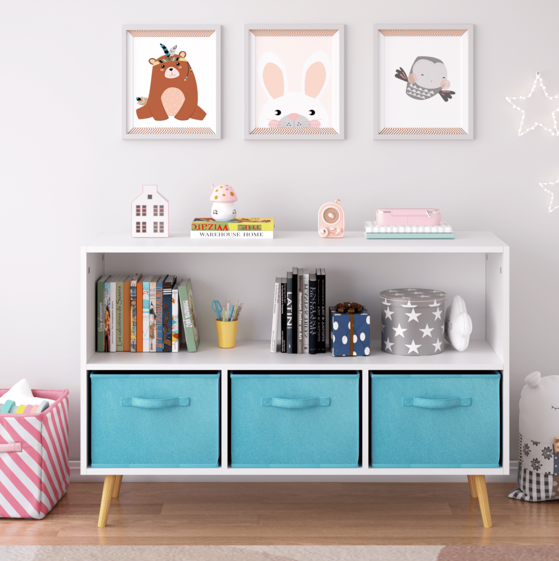 Aukfa Kids Bookcase with 3 Collapsible Drawers, Display Stand Toy Storage Organizer for Bedroom/Playroom,Blue