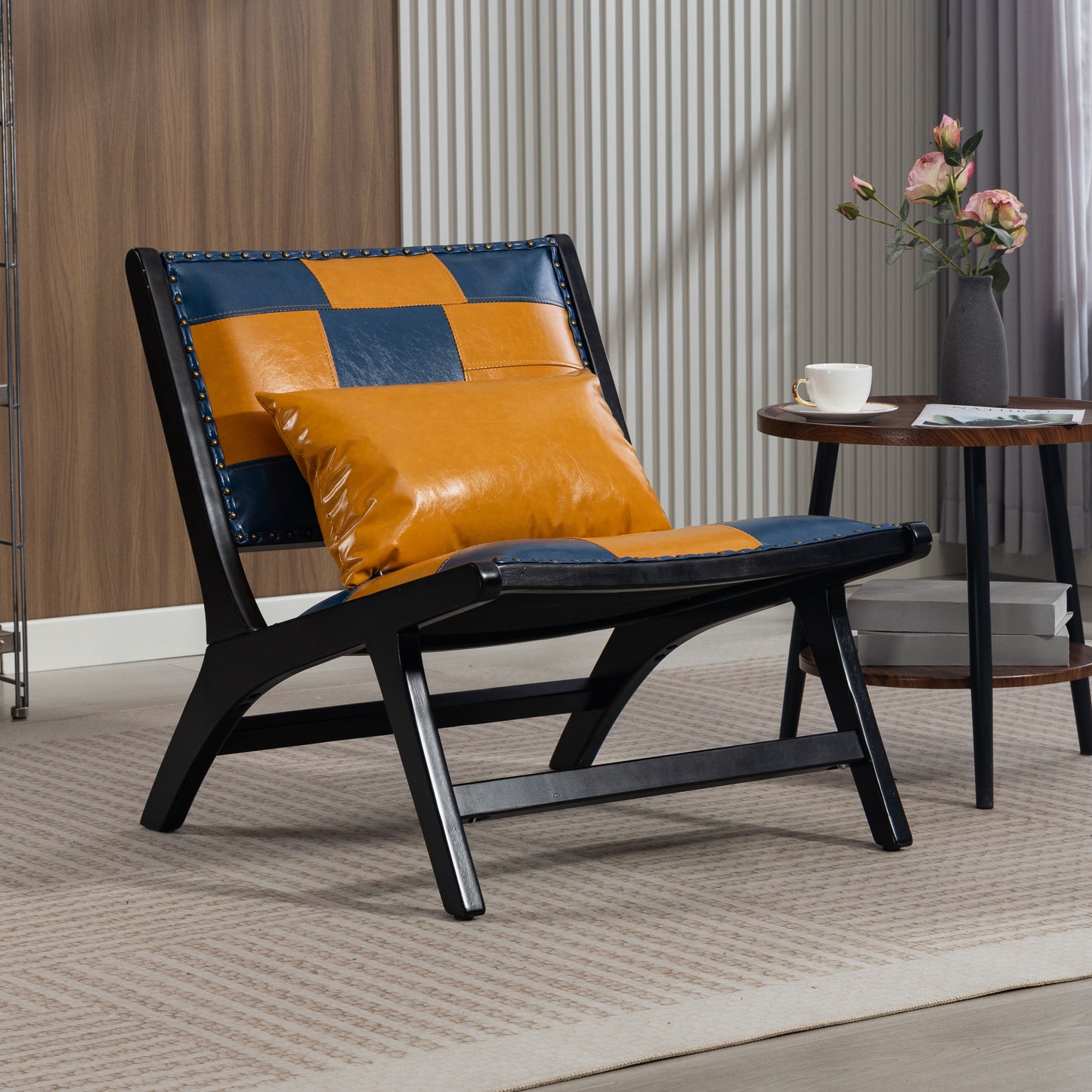 Aukfa Mid Century Accent Chair with Solid Wood Frame, Scandinavian Lounge Arm Chair for Living Room Bedroom,Blue