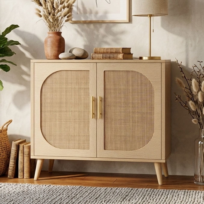 Aukfa Sideboard Cabinet with Rattan Doors, Accent Storage Cabinet,Brown