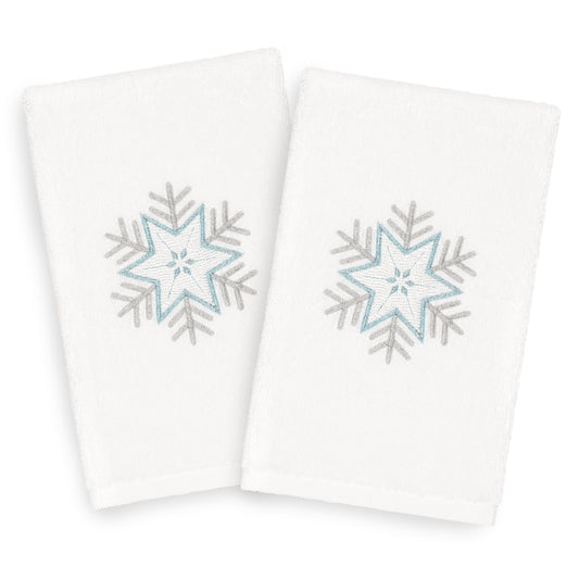 Linum Home Christmas Snowflake Embroidered White Turkish Cotton Hand Towels - Set of 2