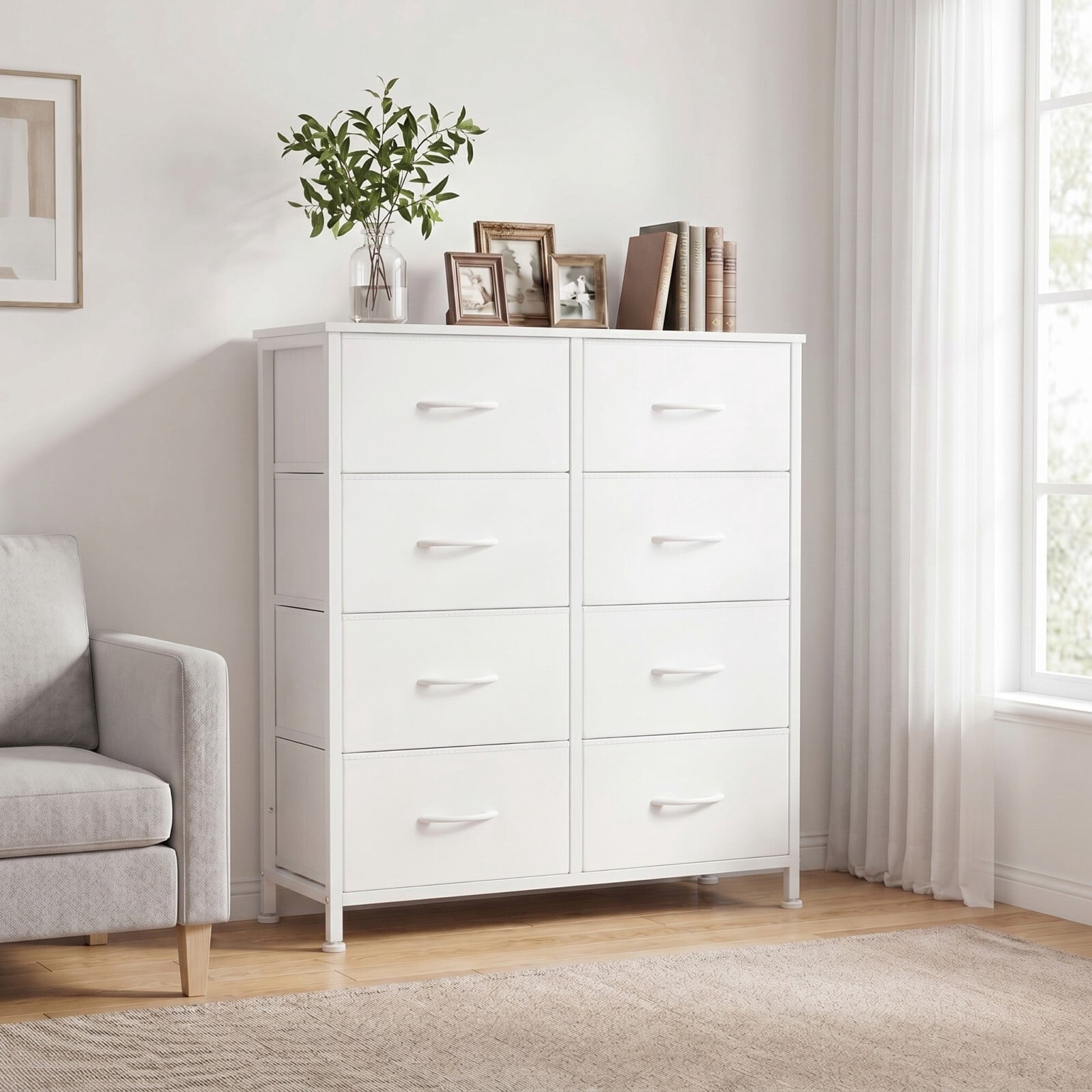 BEAUTYPEAK 8 Drawers Fabric Dresser Bedroom Storage Chest with Wood Top Adjustable Feet, White
