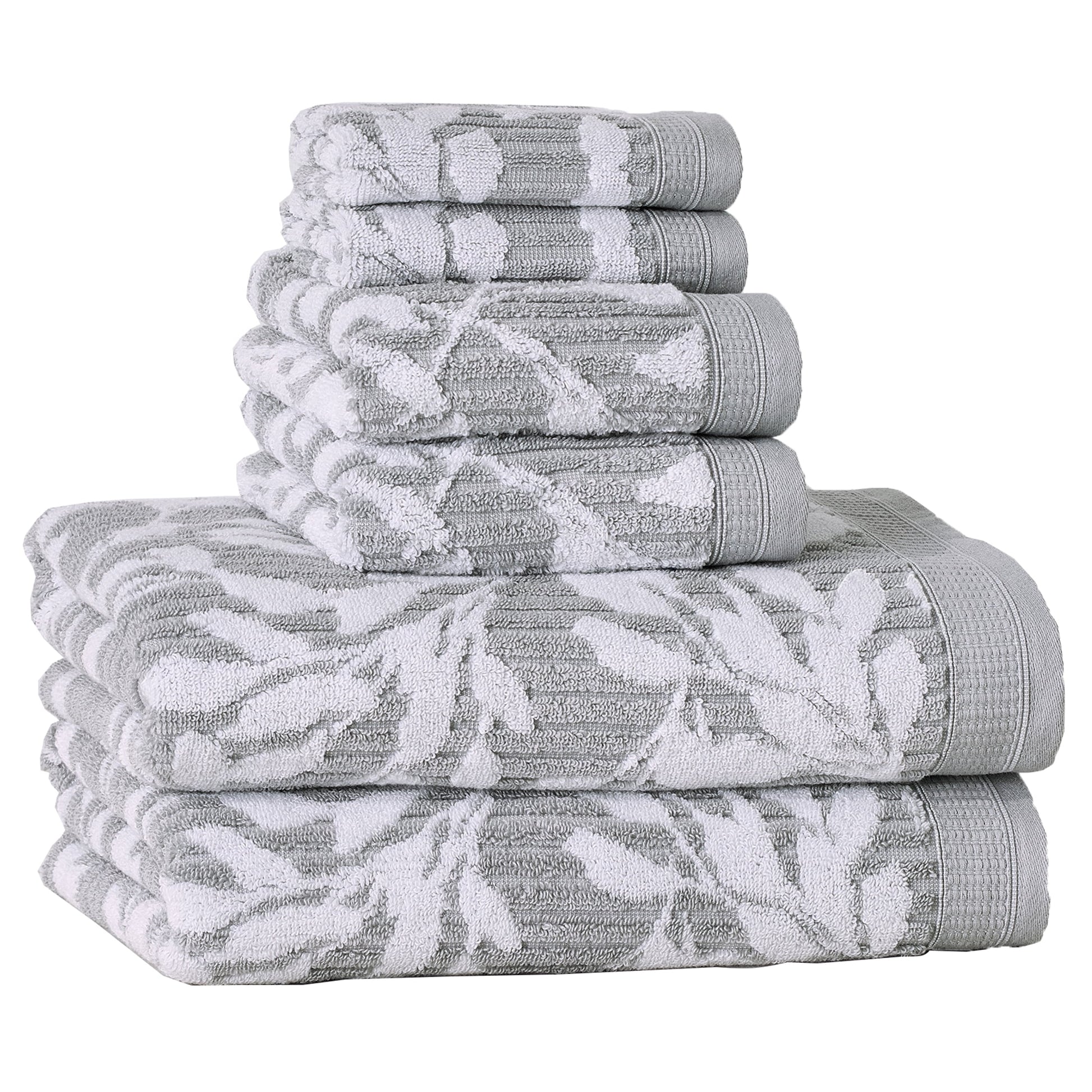 Better Homes & Gardens Signature Soft Floral 6 Piece Towel Set,Soft Silver/Arctic White
