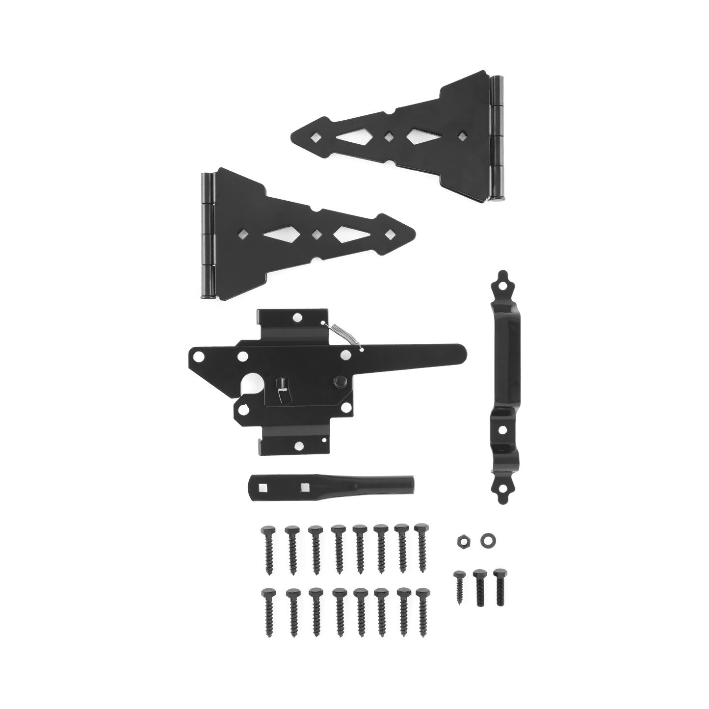 Hyper Tough Black Steel Post Latch Gate Kit with 8" Decorative Strap Hinges, Spring-Loaded Latch, Gate Pull Handle and Installation Hardware