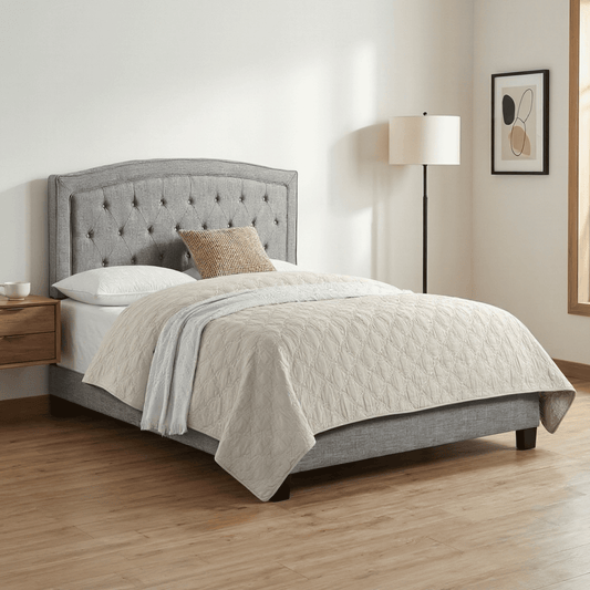 BSHTI Beige Linen Upholstered Queen Size Bed, Adjustable Height Headboard, Platform Bed Frame with Solid Wood Construction, Box Spring Needed