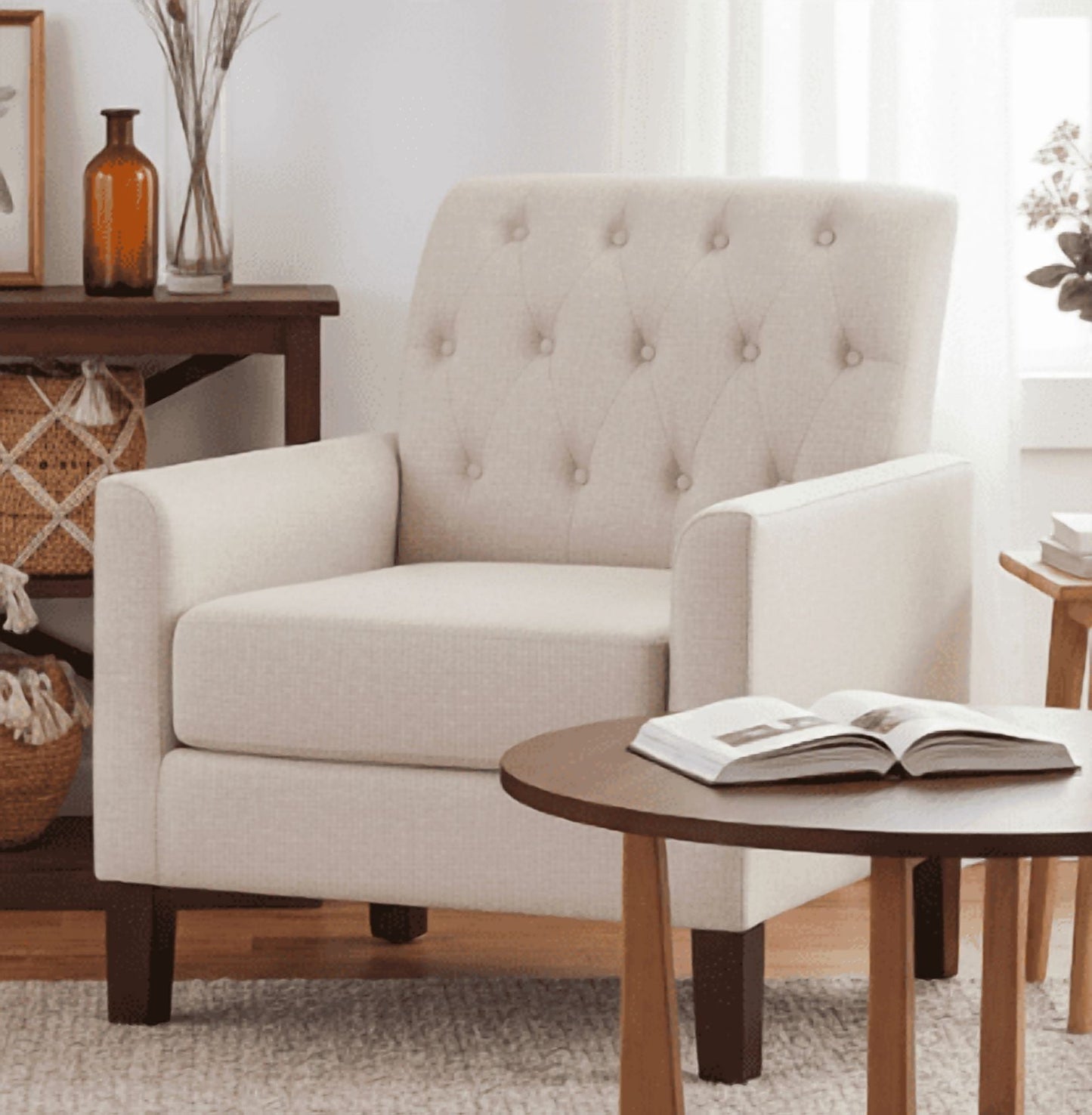 BSHTI Empress Tufted Upholstered Loveseat,with Removable Back Cushions,Sturdy Construction,Linen Blend Upholstery,Square Arm,Beige