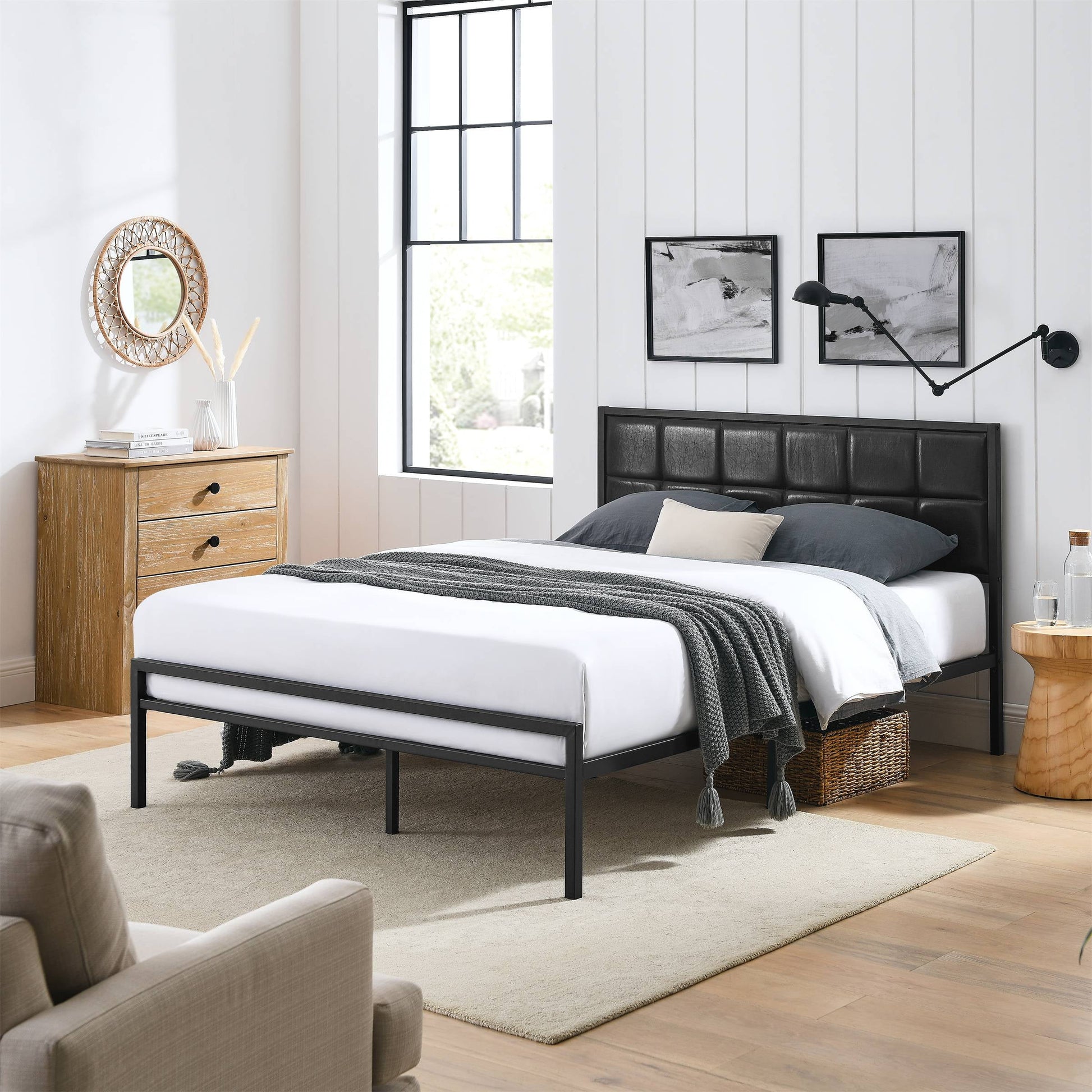 BSHTI Cama Moderna TamaÃ±o Queen de Metal con Cabecera Tapizada y Soporte de Listones de Madera para Sala de Estar, No Se Necesita Box Spring
