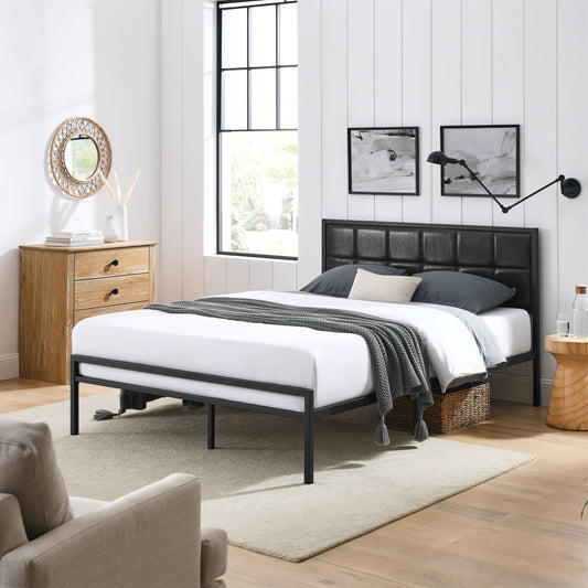 BSHTI Cama Moderna TamaÃ±o Queen de Metal con Cabecera Tapizada y Soporte de Listones de Madera para Sala de Estar, No Se Necesita Box Spring