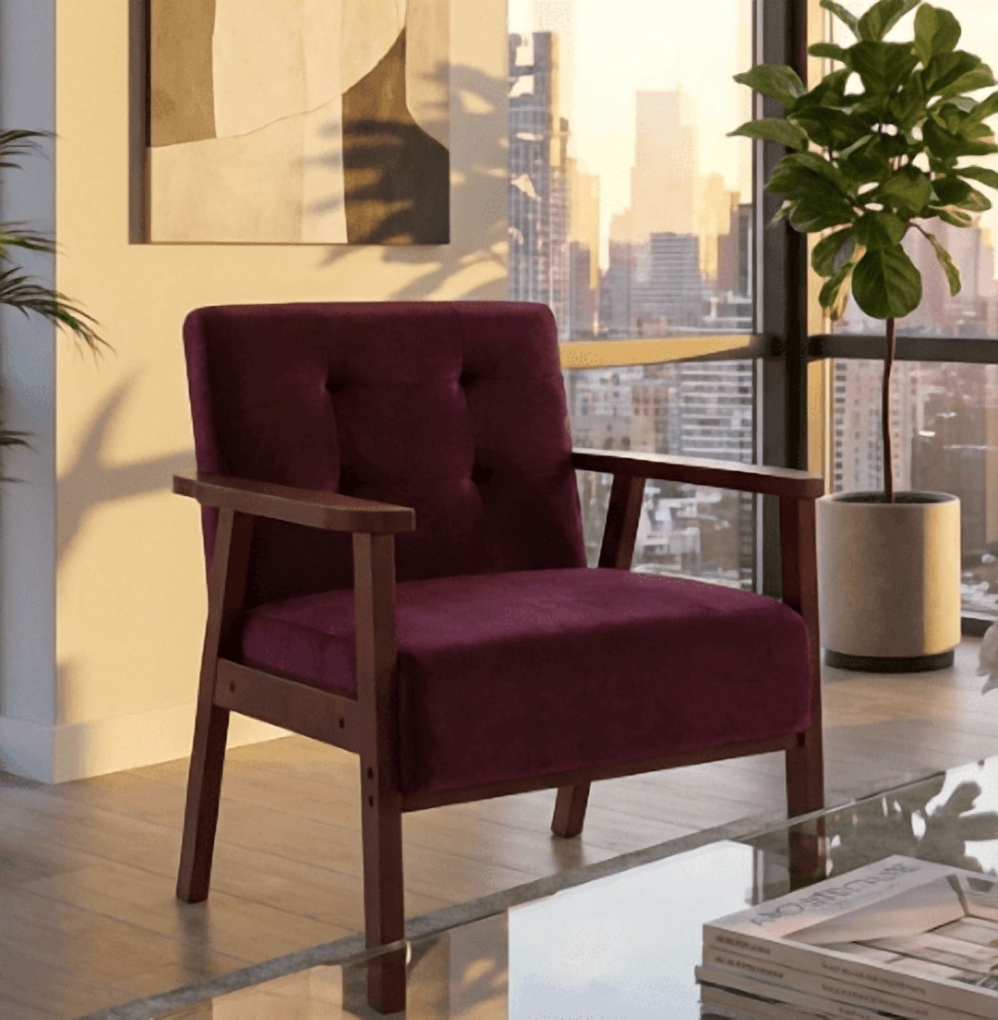BSHTI Wood Frame Accent Armchair, Velvet Accent Armchair With Comfy Upholstered Armchair for Living Room, Bedroom Corner, Reading Nook