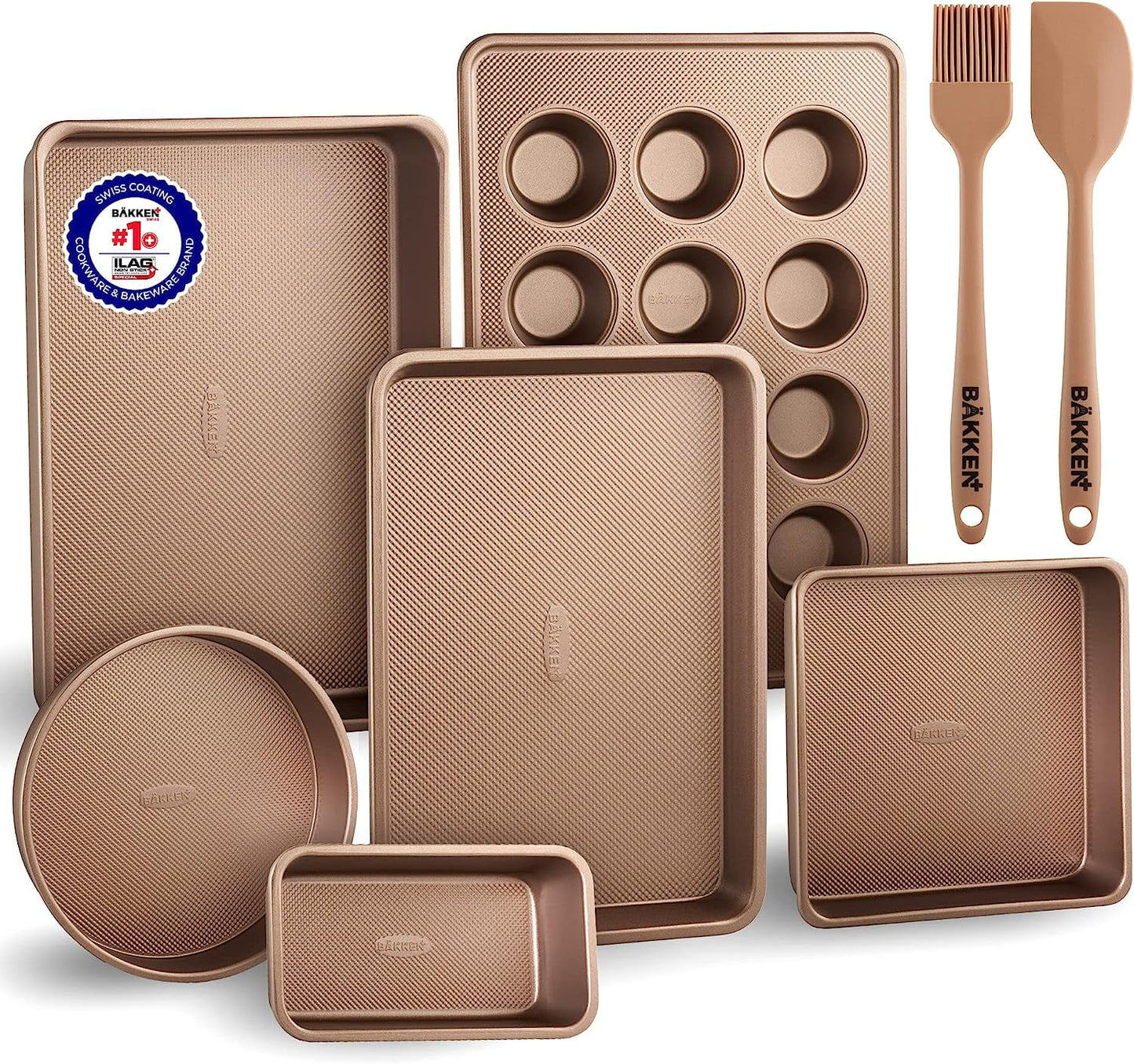 Bakeware Set â€“ 8 Piece â€“ Non-Stick Professional Home Bakeware â€“ Multi Sized Baking Pan Set - Muffin Pan, Loaf Pan and More â€“ Brown