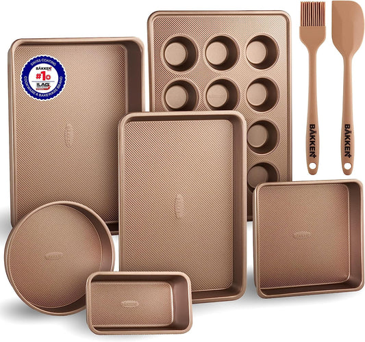 Bakken- Swiss 8-Piece Kitchen Baking Pan Set - Commercial Grade Carbon Steel Bakeware with Nonstick Coating, Stackable and Space-Saving Design, Oven Safe Tray (up to 450Â°F), Gold