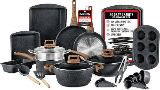 Bakken 20-Piece Kitchen Cookware Set â€“ Granite Non-Stick â€“ Eco-Friendly â€“ for All Stoves & Oven-Safe - Marble coating
