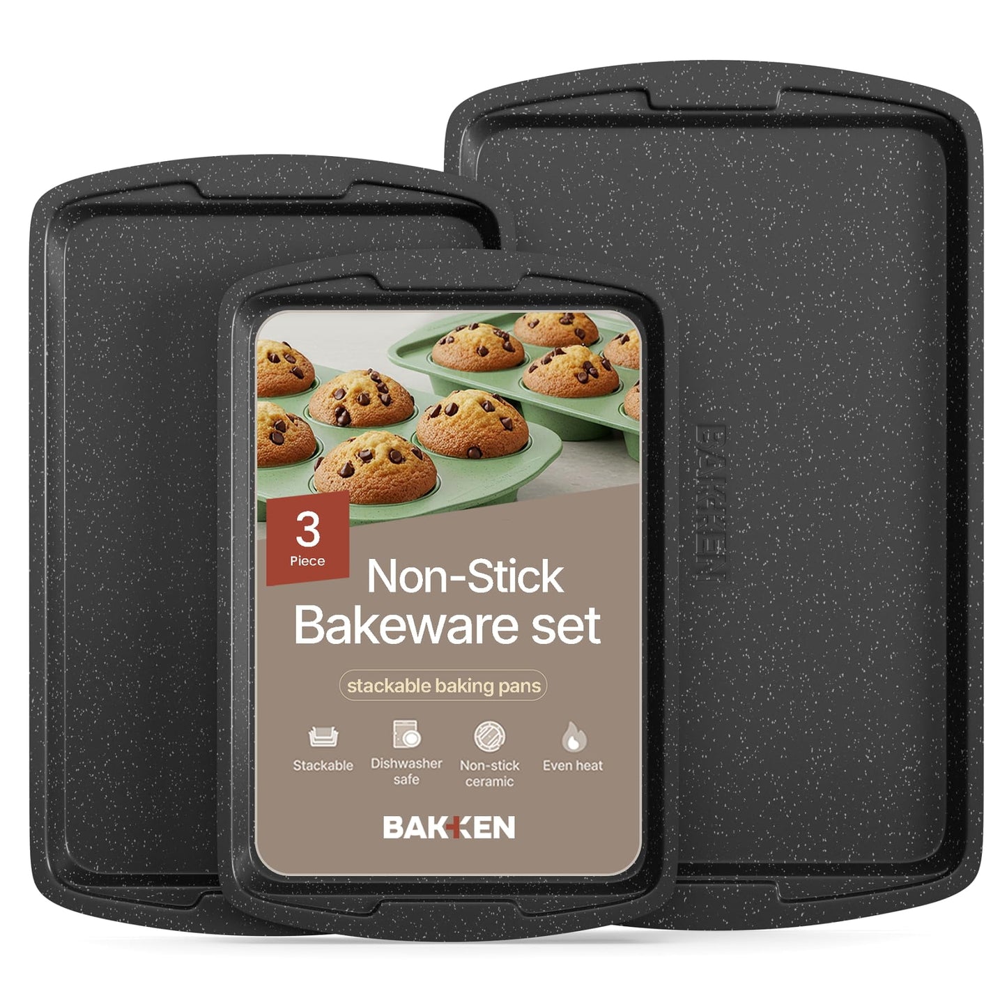 Bakken- Swiss Kitchen Baking Pan Set - Nonstick Coating, Commercial Grade Carbon Steel, Baking Kitchen Essentials, Oven Safe Tray (up to 450Â° F), Set of 3, Gray Marble