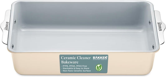 Bakken- Swiss Premium Ceramic Non-Stick Rectangle Pan, 8" x 15.5", Aluminized Steel, Non-Toxic, Ideal for Lasagna, Brownies & More, Cream