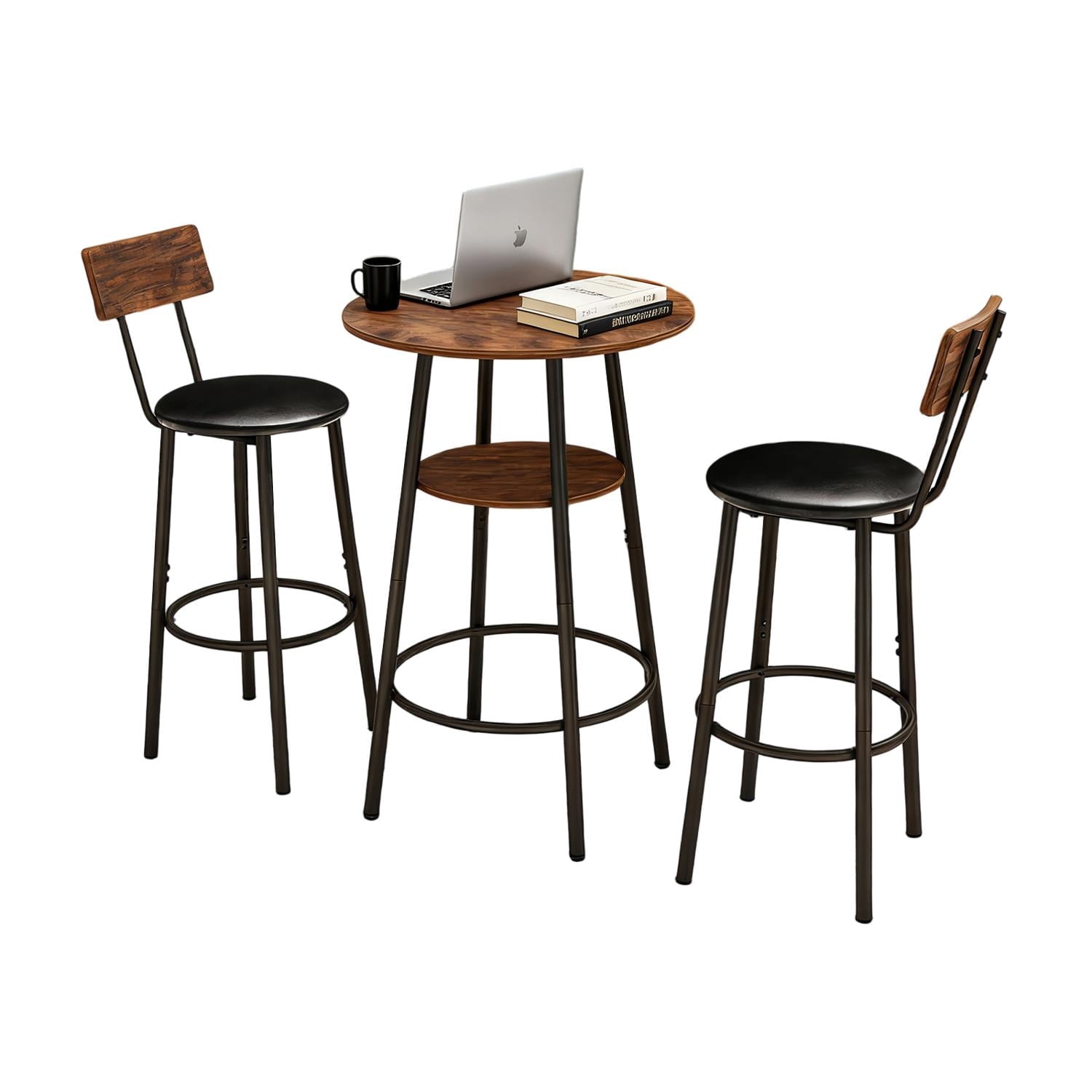 Bar Table Set, 3-Piece Round Dining Table with 2-Tier Storage and 2 PU Upholstered Stools, Compact Design for Small Spaces and Apartments, 23.62 Inch Diameter Brown