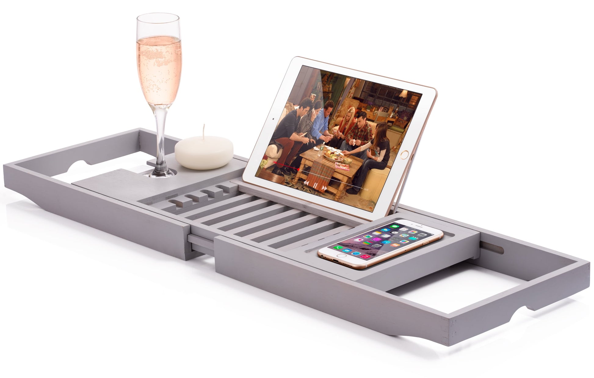 Bathtub Caddy with Extendable Sides, Wine Glass Holder, Book Stand and Phone Tray