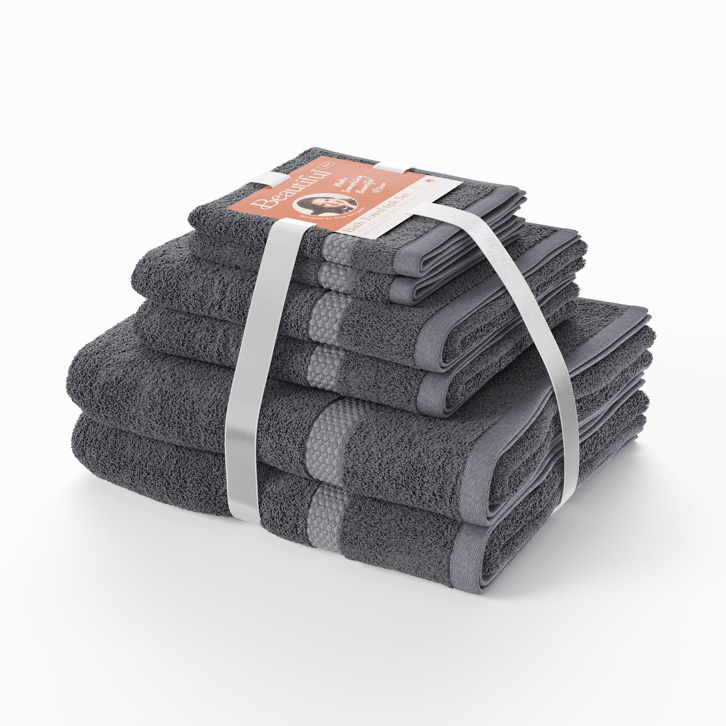 Beautiful by Drew Barrymore Juego de Toallas de BaÃ±o Dobby de 6 Piezas, Suave 100% AlgodÃ³n, Gris CarbÃ³n
