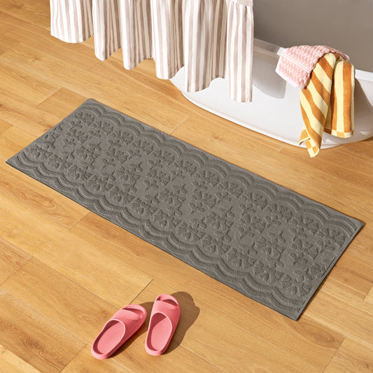 Beautiful Floral Block Scallop Bath Runner Rug by Drew Barrymore, Charcoal Grey, 24" x 60"