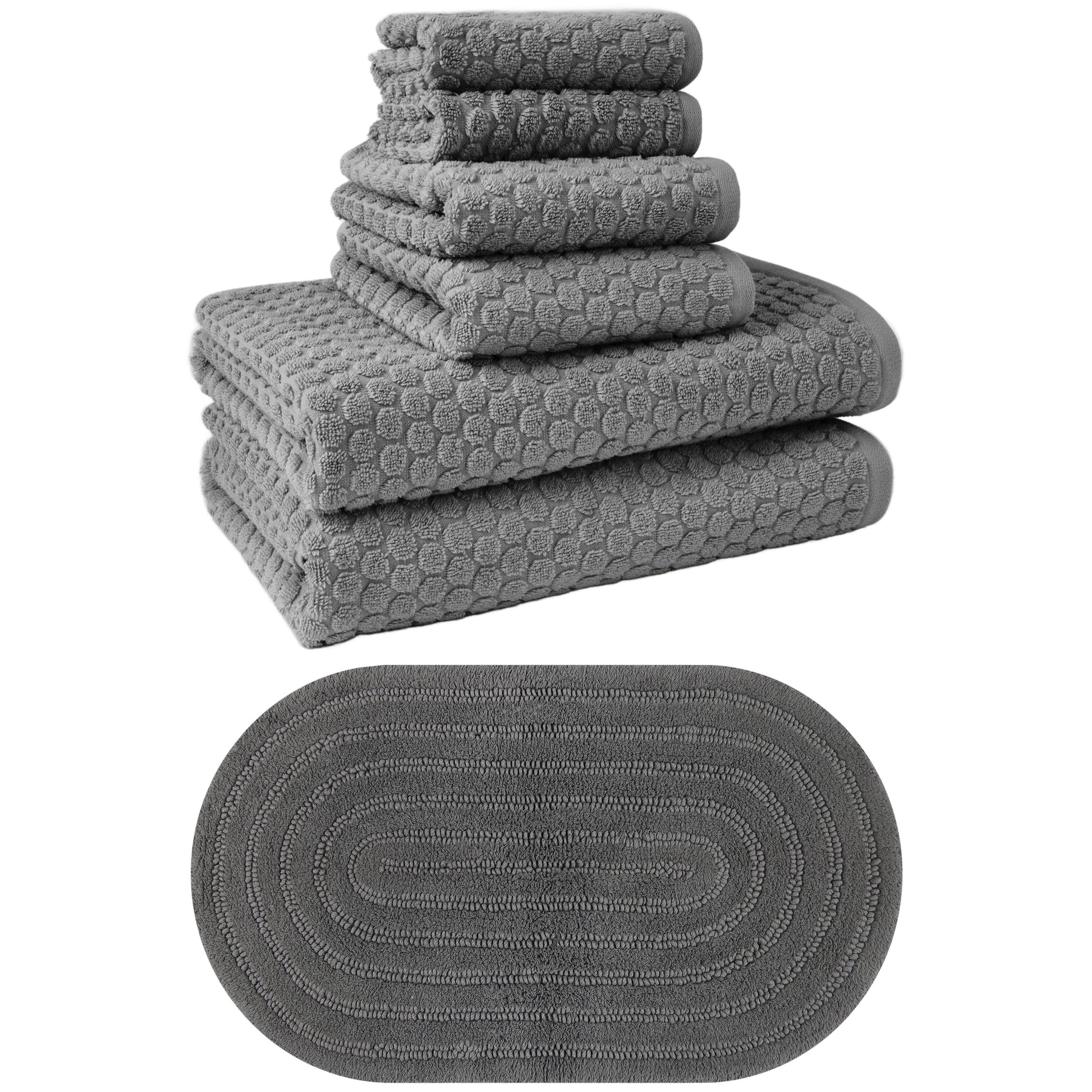 Beautiful by Drew Barrymore Complete Bathroom Set â€“ Soft Cotton Towels, Oval Bath Rug, Grey