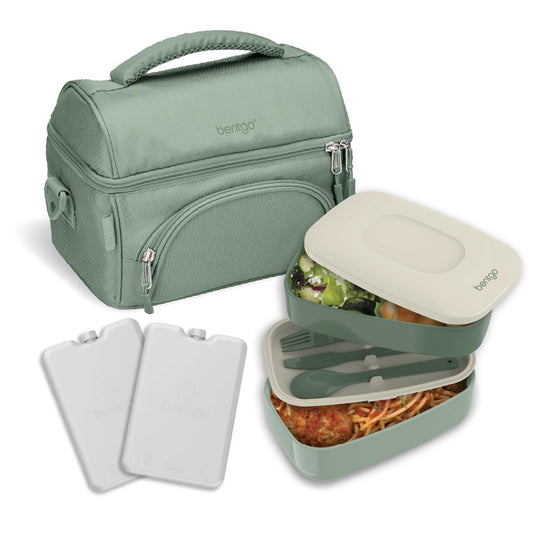 Bentgo Juego de Lujo de 4 Piezas con Bolsa de Almuerzo Aislada, Bolsas de Hielo y Bento Classic (Verde Caqui)