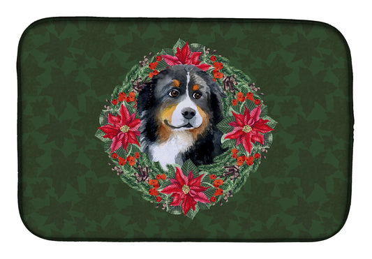 Bernese Mountain Dog Poinsetta Wreath Dish Drying Mat